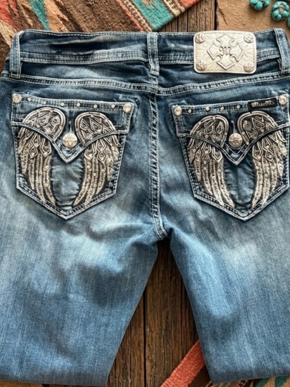 Miss ME Embroidered Wing Pocket Mid-Blue Women’s Jeans
